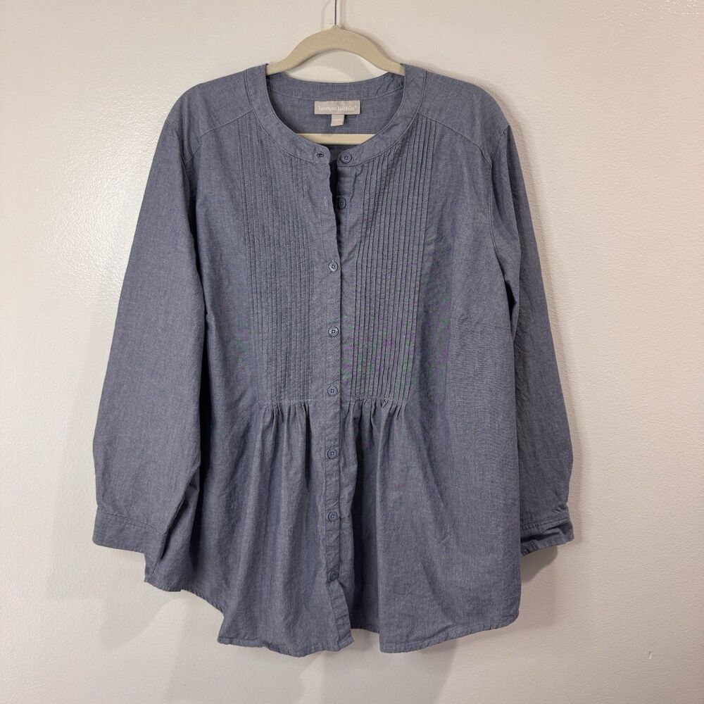 Woman Within Tunic Shirt 26 / 28 / 2X Chambray Pleated Blue 100% Cotton Comfy